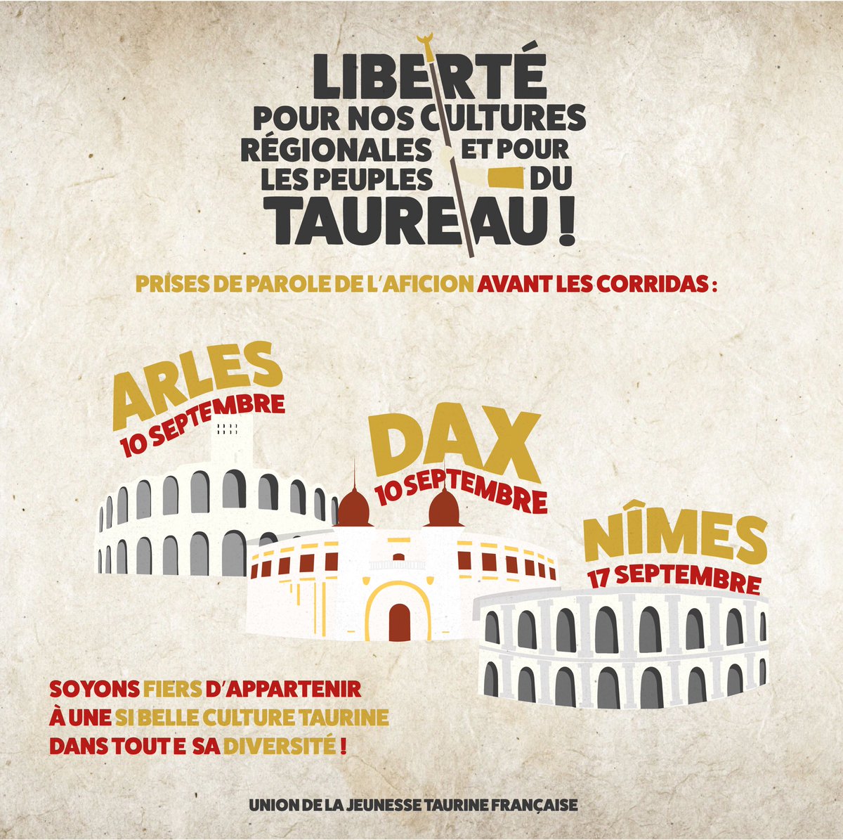 Ils veulent nous faire taire. Ils ne font que nous réveiller !
Nous défendrons nos libertés et nos cultures régionales des peuples du taureau ces prochains jours avec 30 000 personnes attendues aux rendez-vous !

#corrida #tauromachie #touchepasamespassions