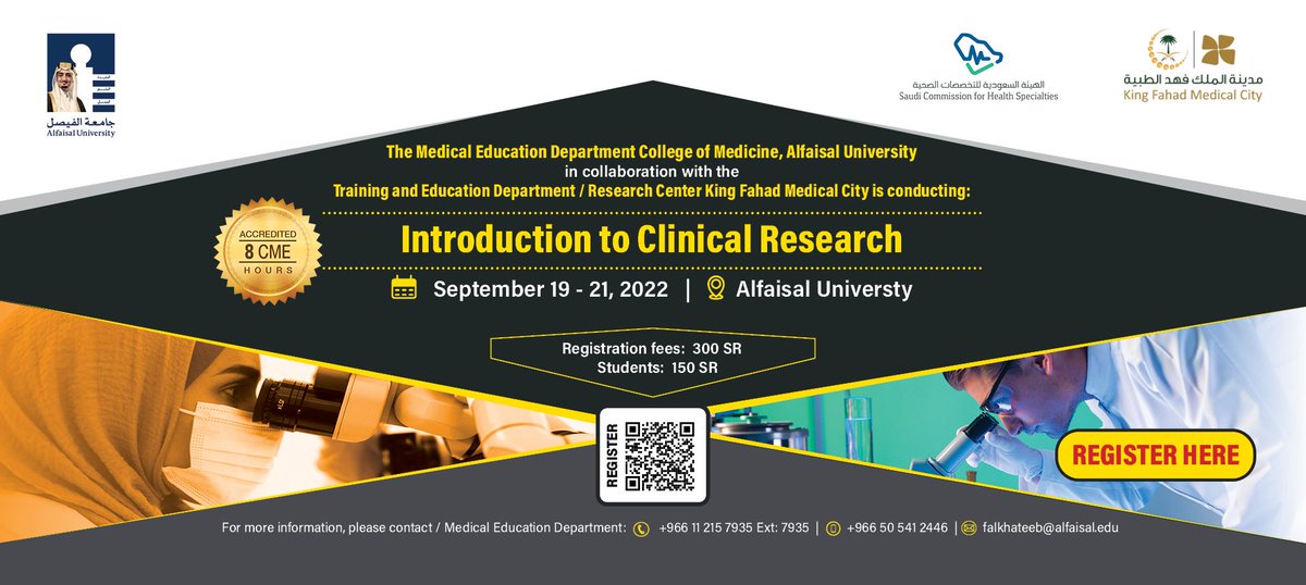 Alfaisal University (@alfaisaluniv) on Twitter photo Our College of Medicine is conducting the "Introduction to Clinical Research Course" (ICR) in collaboration with <a href="/KFMC_RIYADH/">مدينة الملك فهد الطبية</a>
For registration visit the link com.alfaisal.edu/en/introductio…
#Alfaisal_Univeristy
#Partnering_with_the_Best Our College of Medicine is conducting the "Introduction to Clinical Research Course" (ICR) in collaboration with <a href="/KFMC_RIYADH/">مدينة الملك فهد الطبية</a>
For registration visit the link com.alfaisal.edu/en/introductio…
#Alfaisal_Univeristy
#Partnering_with_the_Best