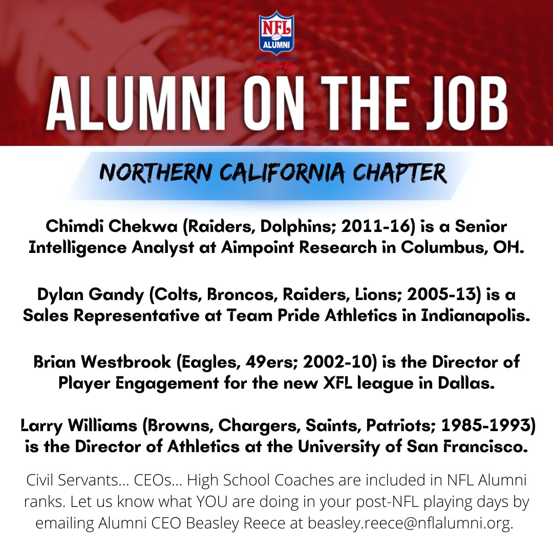 NFLAlumniNoCa's tweet photo. Hey NFL Alumni! Be recognized for your post-football life.
#nflalumni #norcalchapter #bandofbrothers #alumnionthejob https://t.co/oid4rPYXBL