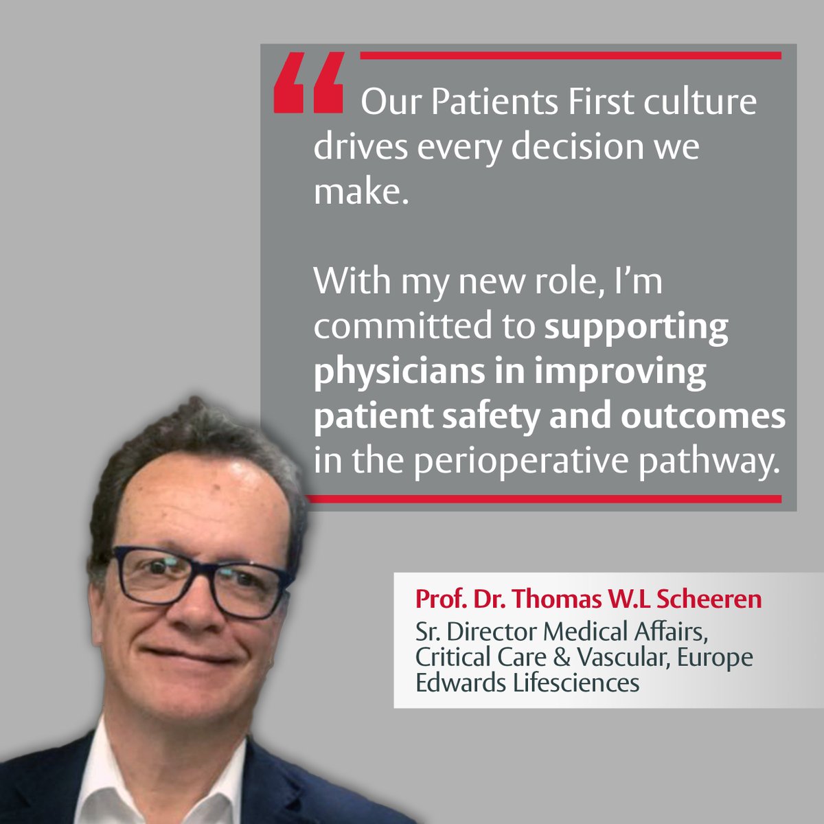 EdwardsEurope's tweet photo. We are happy to share that Prof. Dr. @ScheerenThomas has joined @EdwardsEurope as Medical Affairs Sr. Director CCVas. 

His contribution will enhance our engagement to improve #PatientSafety - a growing public health challenge - in the perioperative pathway. https://t.co/9ZxPvE4OlO