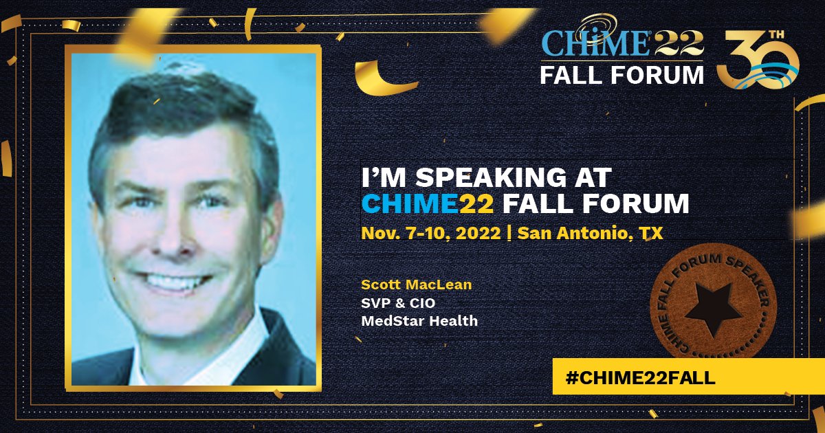 stmaclean's tweet photo. Iโm excited to present at the #CHIME22Fall Forum and 30th Anniversary Celebration Nov. 7-10 in San Antonio. #CHIME30Years #CIOCHIME @CIOCHIME https://t.co/Uc3aUL2KQv