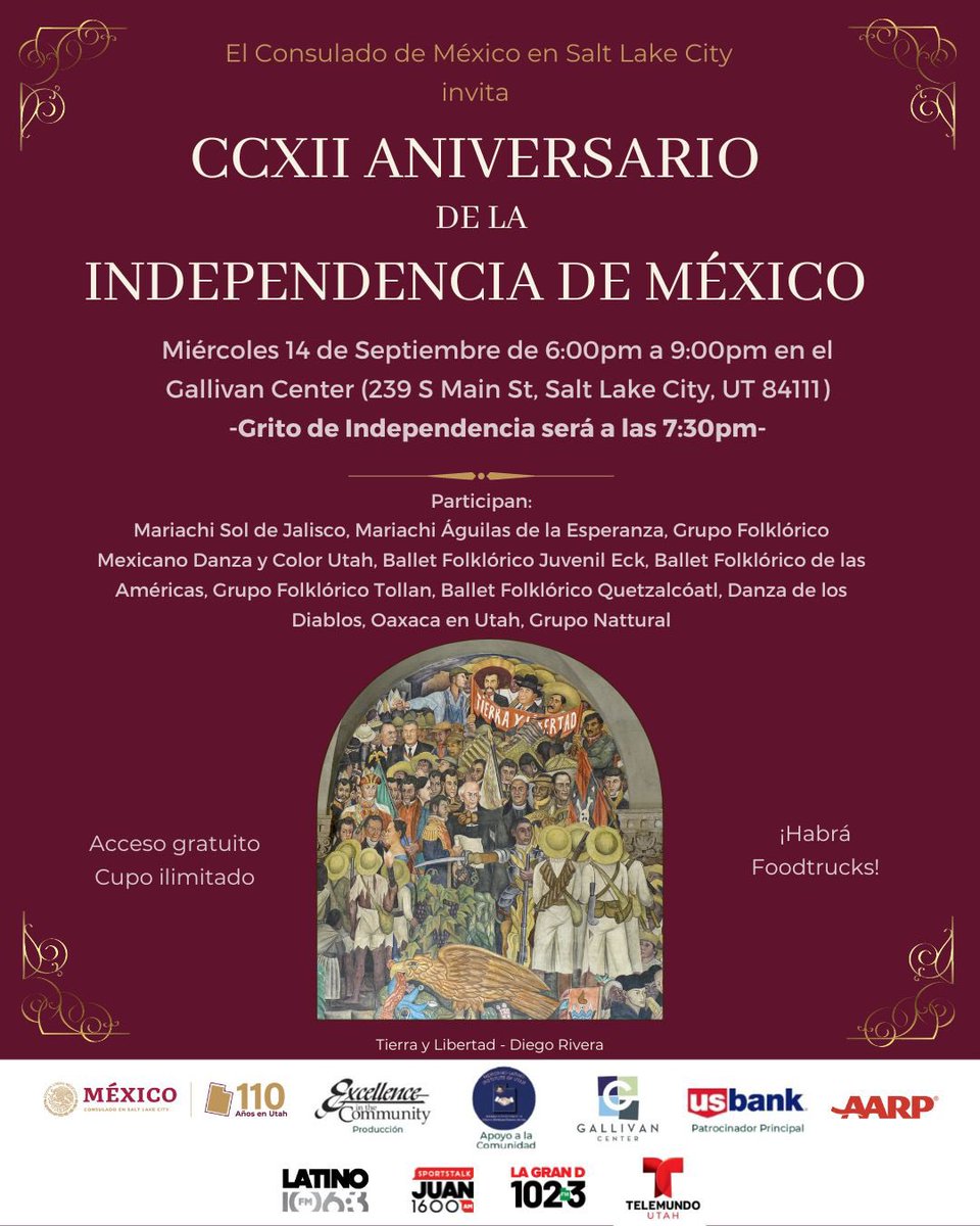 🇲🇽¡GRITEMOS JUNTOS VIVA MÉXICO! Miércoles 14 de septiembre en el Gallivan Center en punto de las 6:oopm para celebrar el Día de la Independencia de México.