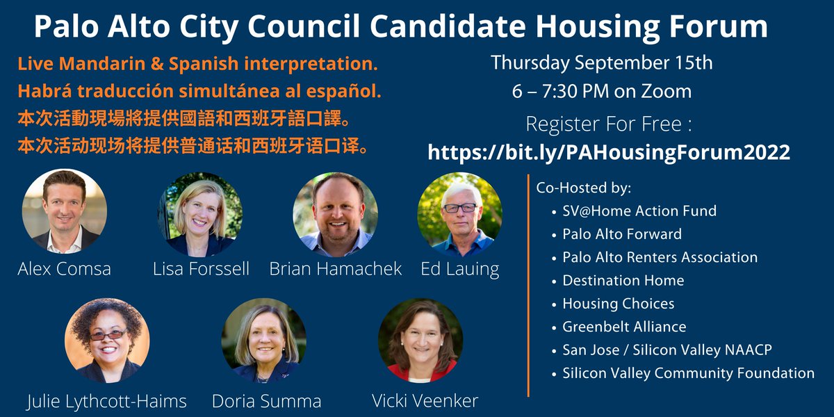 Along with some great co-hosts, we're hosting a Palo Alto City Council Candidate Forum on housing and related topics! Thursday, September 15th, 6–7:30 pm. Online, with live Mandarin and Spanish interpretation. Register for free here: bit.ly/PAHousingForum…