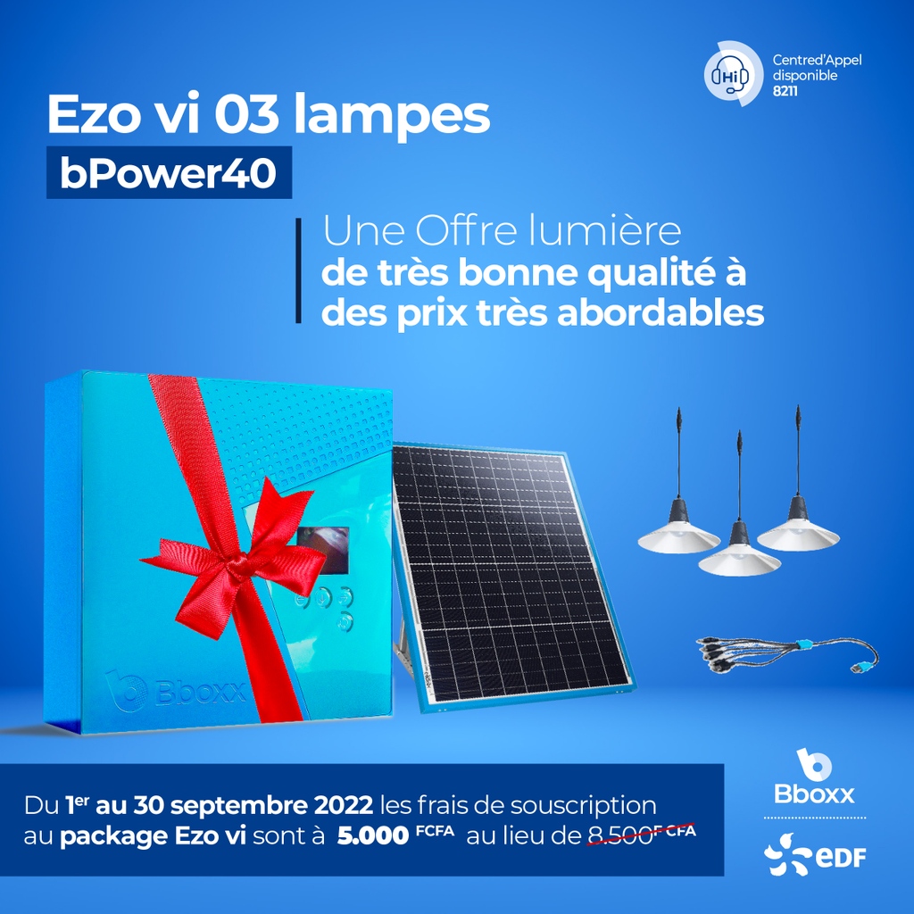 Optez pour le nouveau package Ezo vi à 5.000 Fcfa au lieu de 8.500 Fcfa du 1er au 30 Septembre 2022.
Il est composé de 3 lampes, 1 multi-chargeur et 1 batterie au lithium de 40 WH avec un écran d’affichage pour suivre votre consommati0on en temps réel.
Info au 8211
#Bboxx #Ezovi