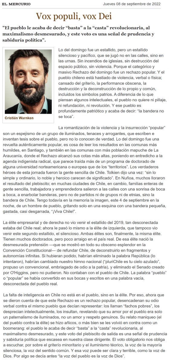 Más allá si eres o no un  “Amarillo”, aconsejo leer esta columna, escrita con el corazón en la mano.Ella ilumina para  responder una pregunta esencial : Qué ocurrió el 4 de septiembre? (Que es previa a la pregunta de qué debemos  hacer para tener una nueva y buena Constitución)