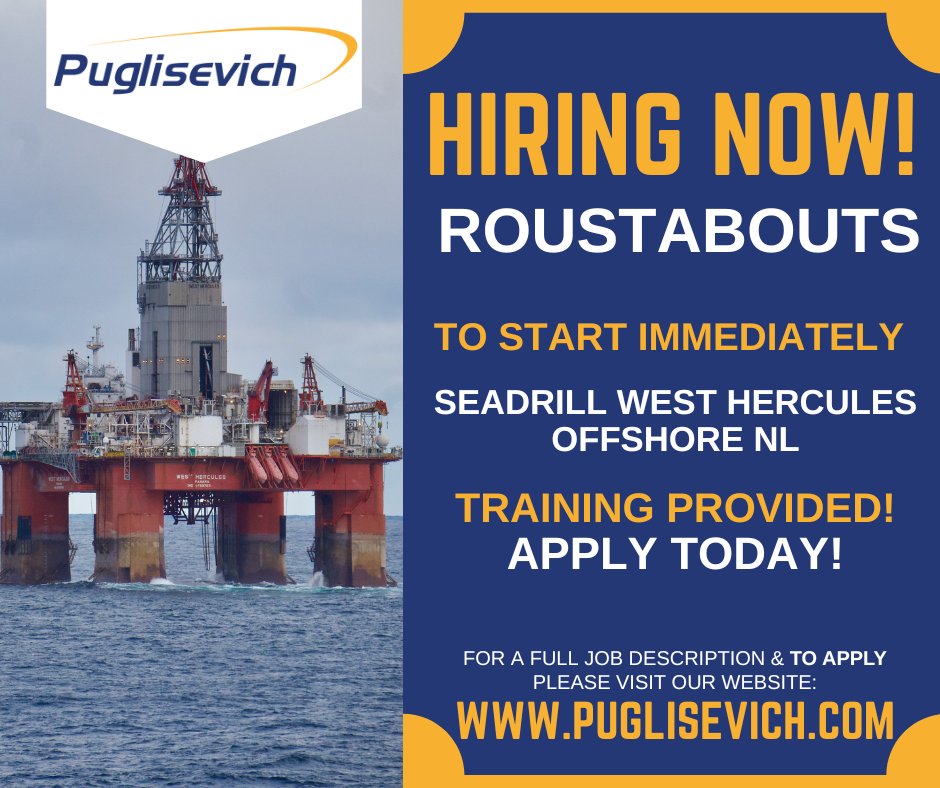PCSLNL's tweet photo. NOW HIRING - ROUSTABOUTS
To apply please click and visit the link:
https://t.co/KLah7xAcdI
#puglisevich #offshore #newfoundlandoffshore #Roustabout #offshorejobs #oilgas #NLoilgas #oilgasjobs #Seadrill #Seadrillcareers #WestHercules #semisub #recruiting #careers #nowhiring https://t.co/DzRhFxf4xo
