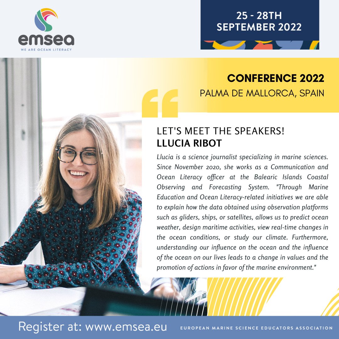 EMSEA (@emseassociation) on Twitter photo ☺️Our "Meet the speakers" continues with <a href="/LluciaRibot/">Llúcia Ribot</a> 🥳
ℹ️Llucia is a science journalist who specialises in #marinesciences and works as a #Communication & #OceanLiteracy Officer at @socib‼️
✍️Join us at #EMSEA2022 in Palma de Mallorca 🇪🇸
👉Register 🔜bit.ly/3dAXjog 😎 ☺️Our "Meet the speakers" continues with <a href="/LluciaRibot/">Llúcia Ribot</a> 🥳
ℹ️Llucia is a science journalist who specialises in #marinesciences and works as a #Communication & #OceanLiteracy Officer at @socib‼️
✍️Join us at #EMSEA2022 in Palma de Mallorca 🇪🇸
👉Register 🔜bit.ly/3dAXjog 😎
