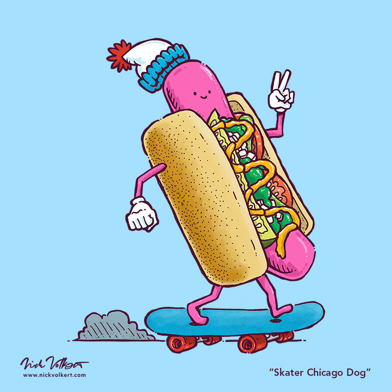 nickv47's tweet photo. Hey-hey, what do you say? It's a Chicago-style hot dog catching some of that windy-city wind and going for a cruise on it's skateboard to check out the Chicago skyline!
#penandink #drawing #illustration #illustrator #chicago #chicagodog #chicagostyledog #hotdog #midwest #illinois https://t.co/IDB72iDbRL