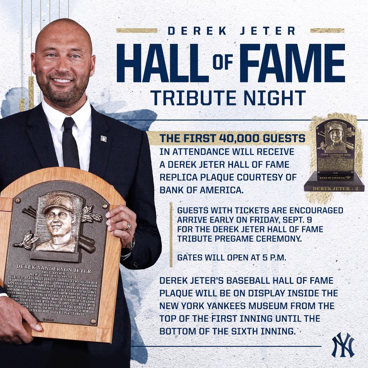 New York Yankees on X: Gates will open at 5pm for tonight's game. We ask  fans to be seated by 6:30pm for tonight's Derek Jeter Hall of Fame Tribute  Ceremony.  /