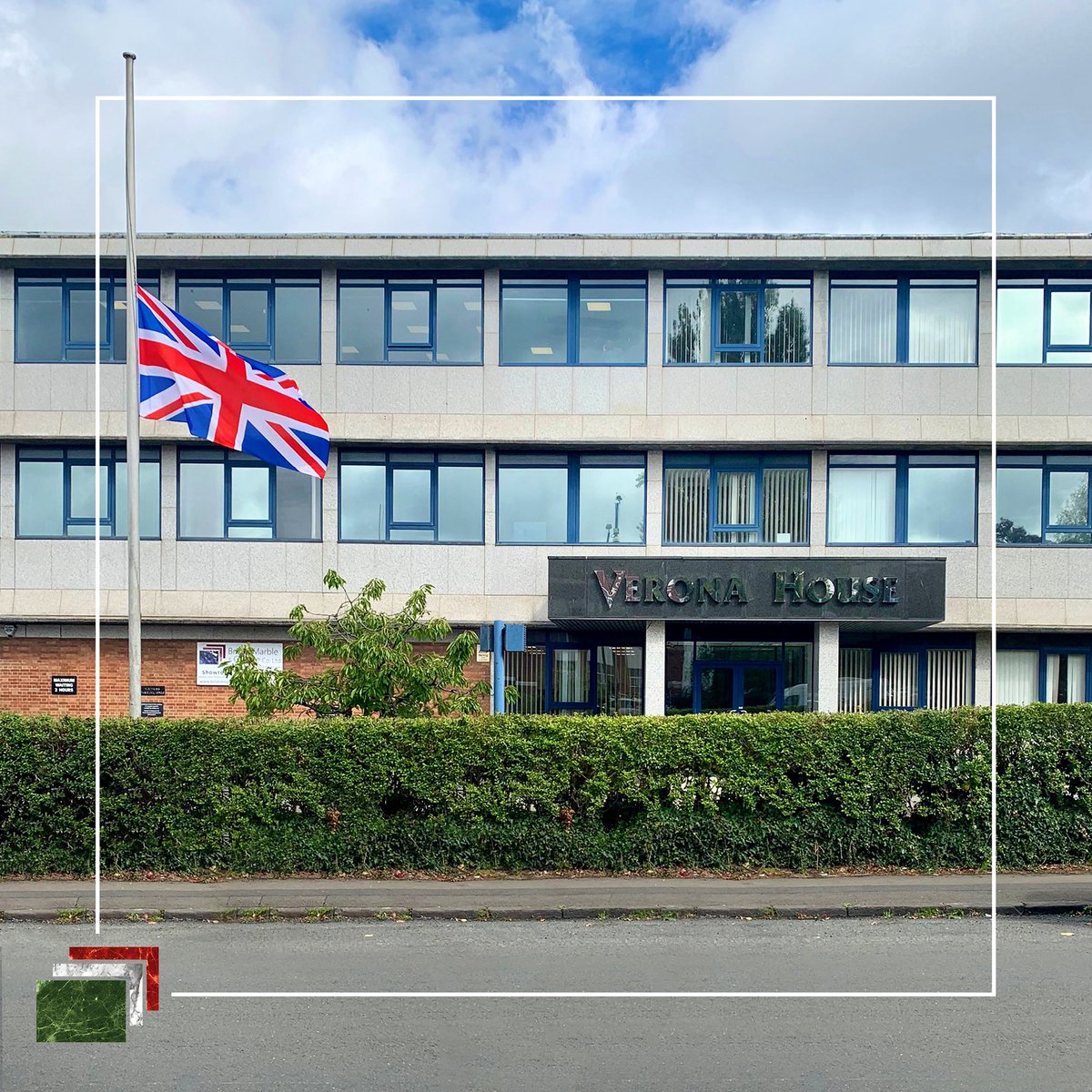 Bristol_Marble's tweet photo. Our flag at Verona House is lowered at half-mast, in memory of Her Majesty #QueenElizabethII - the longest-reigning monarch in British history. 🇬🇧 https://t.co/DtFmnwzrcZ