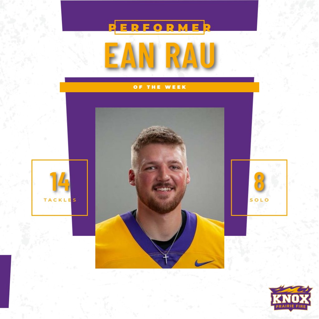KnoxPrairieFire's tweet photo. Your second Prairie Fire Performer of the Week is Football's Ean Rau! Ean led the Prairie Fire defense with 13 total tackles, 8 of those being solo, in the 26-0 shutout win over Westminster. He also accounted for 2.5 tackles for a loss. https://t.co/JqR3P1D3GQ