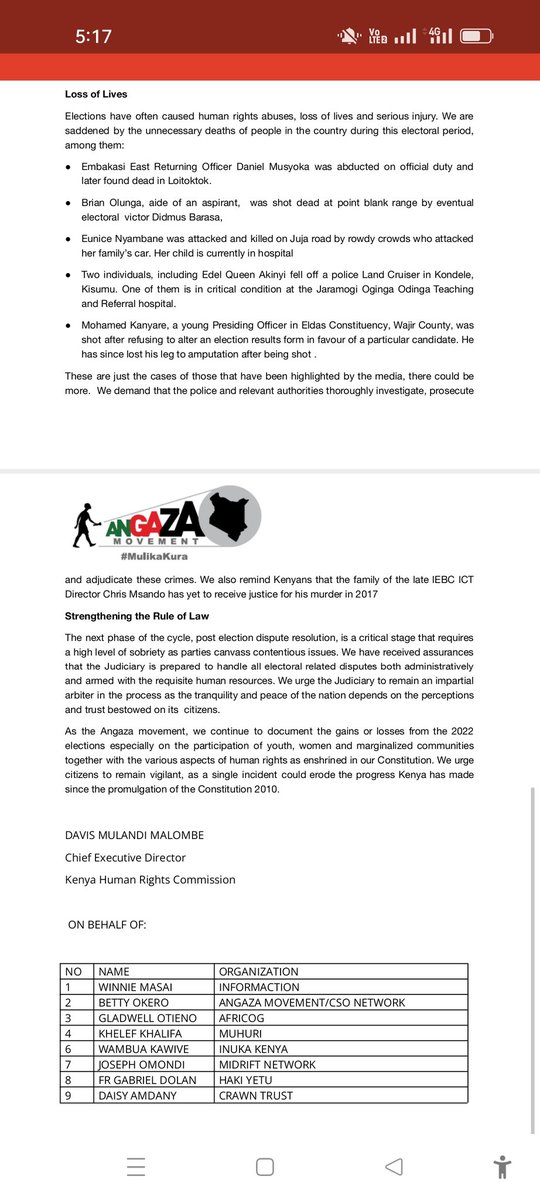 Dear @IEBCKenya, @WChebukati, what you said isn't true at all. Angaza Movement talked about violent cases including loss of lives. Perhaps you will be kind enough to read our statement below... @ICJKenya @JFJustice @InformAction_KE @MUHURIkenya @CSONetwork @Irenesoila