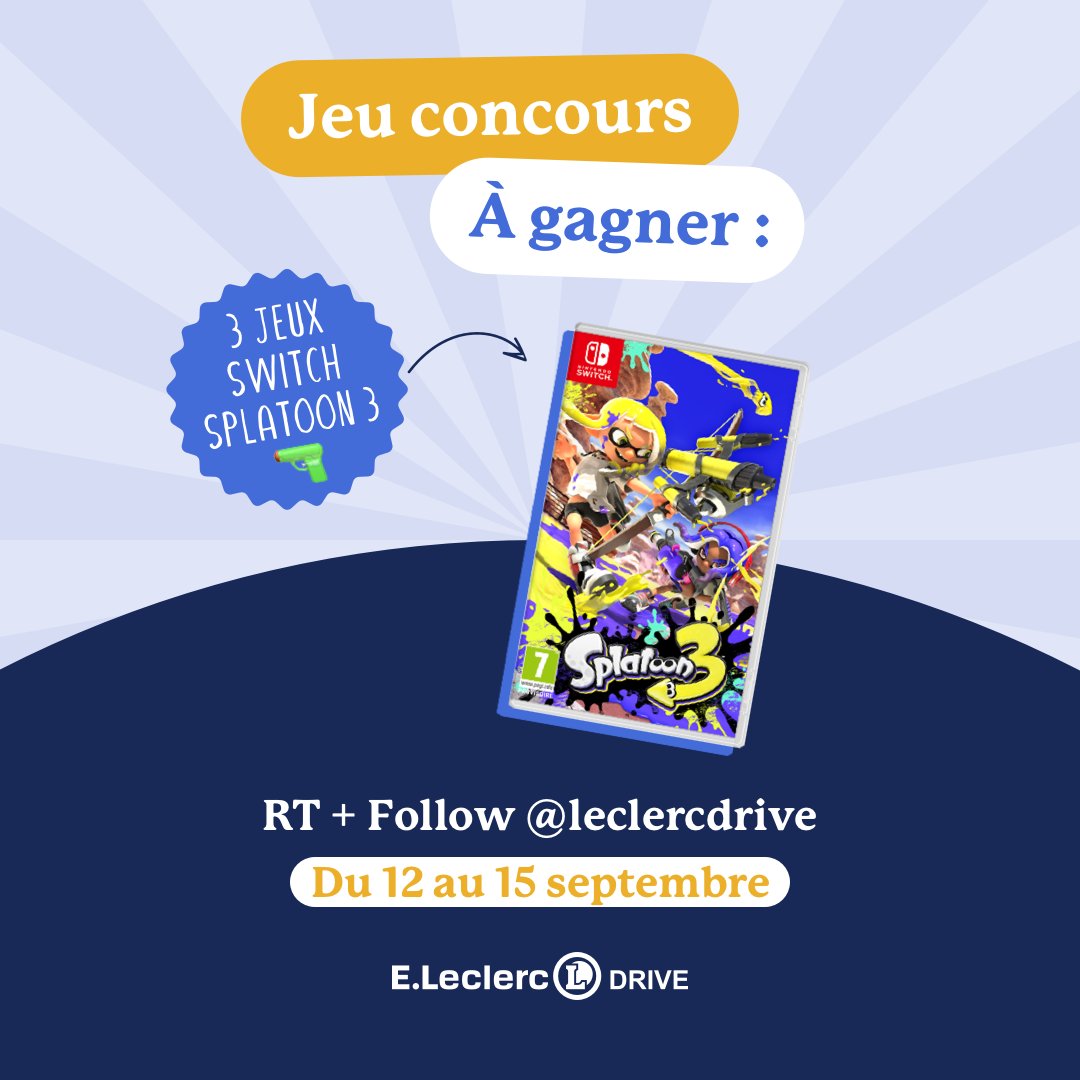 leclercdrive's tweet photo. 🎮 𝐉𝐄𝐔 𝐂𝐎𝐍𝐂𝐎𝐔𝐑𝐒 - 𝐒𝐩𝐥𝐚𝐭𝐨𝐨𝐧 𝟑 🎮

À gagner : 3 jeux switch Splatoon 3

𝗣𝗼𝘂𝗿 𝗽𝗮𝗿𝘁𝗶𝗰𝗶𝗽𝗲𝗿 :  RT + Follow @leclercdrive

TAS :  16/09

#jeu #jeuconcours #switch #nintendo #cadeau #cadeaux https://t.co/nliZgFfA3s