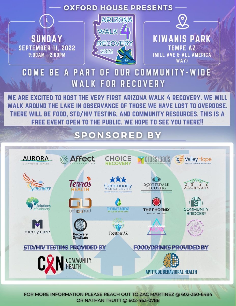 TEMPE, AZ: #CANphoenix will be at #ArizonaWalk4Recovery on Sun, Sept 11th from 9am-2pm! Our mobile unit will be parked at Kiwanis Park at 5500 S Mill Ave in #TempeAZ offering free rapid #HIV and #HepC testing #Tempe #Phoenix #HepFreeAZ #Walk4Recovery