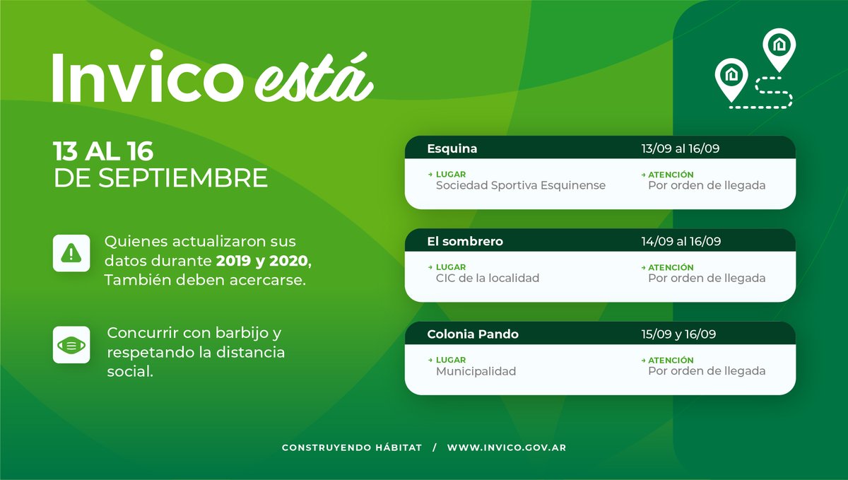 invico's tweet photo. INVICO ESTÁ 🚙 Del 13 al 16 de septiembre estaremos atendiendo a las familias de #Esquina, #ColoniaPando y #ElSombrero.
📍 Consultá lugares, trámites y horarios de atención en las imágenes.
📝 La atención será por orden de llegada https://t.co/MK9NJpcw20