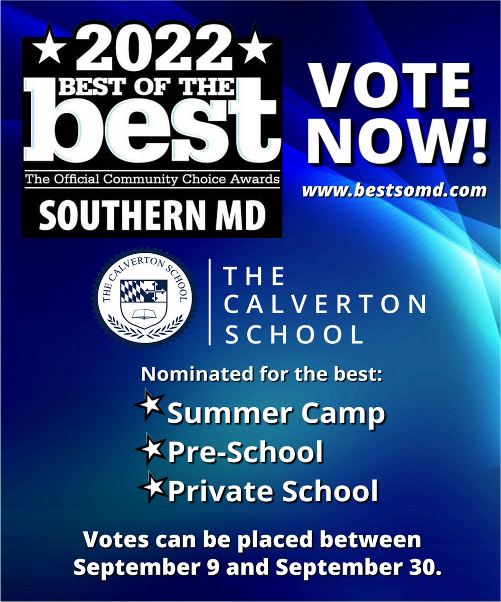 Calverton1967's tweet photo. The Calverton School has been nominated as the best in 3 categories: Summer Camp, Pre-school, and Private School.
Now, it's time for the Calverton community to cast their votes!  Votes can be placed between September 9 and September 30.

https://t.co/qtOcNSv4Hk https://t.co/UkPLeK3bH2