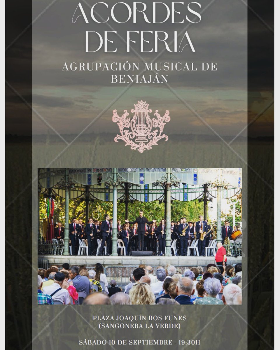 ambeniajan's tweet photo. Mañana, la Banda Titular de la AMB participará en el ciclo de conciertos 'Acordes de feria' organizado por @AytoMurcia.

Será a partir de las 19:30h en la Plaza Joaquín Ros Funes de Sangonera la Verde con entrada libre.

¡Ven y disfruta con nosotros!

#AMB #OrgulloAMB https://t.co/1YswZilt5g