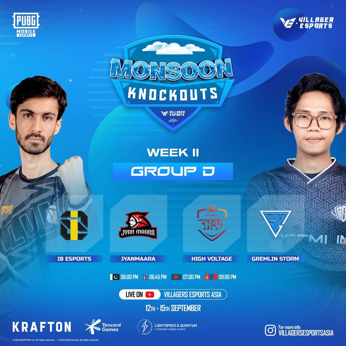 VillagerAsia's tweet photo. Chapter 2 of VE Pubg Mobile Monsoon Knockouts begins from 12th September 🥶🤩
Make sure to join the live action of Week 2 from 12th to 15th September at 6:30 PM +5:30 GMT 🕠
Swipe Left ⬅️ to view the groups for Week 2️⃣
#VE #VillagerEsports #VEMK #Esports #Gaming #PUBGMOBILE https://t.co/iWwlTEiux7