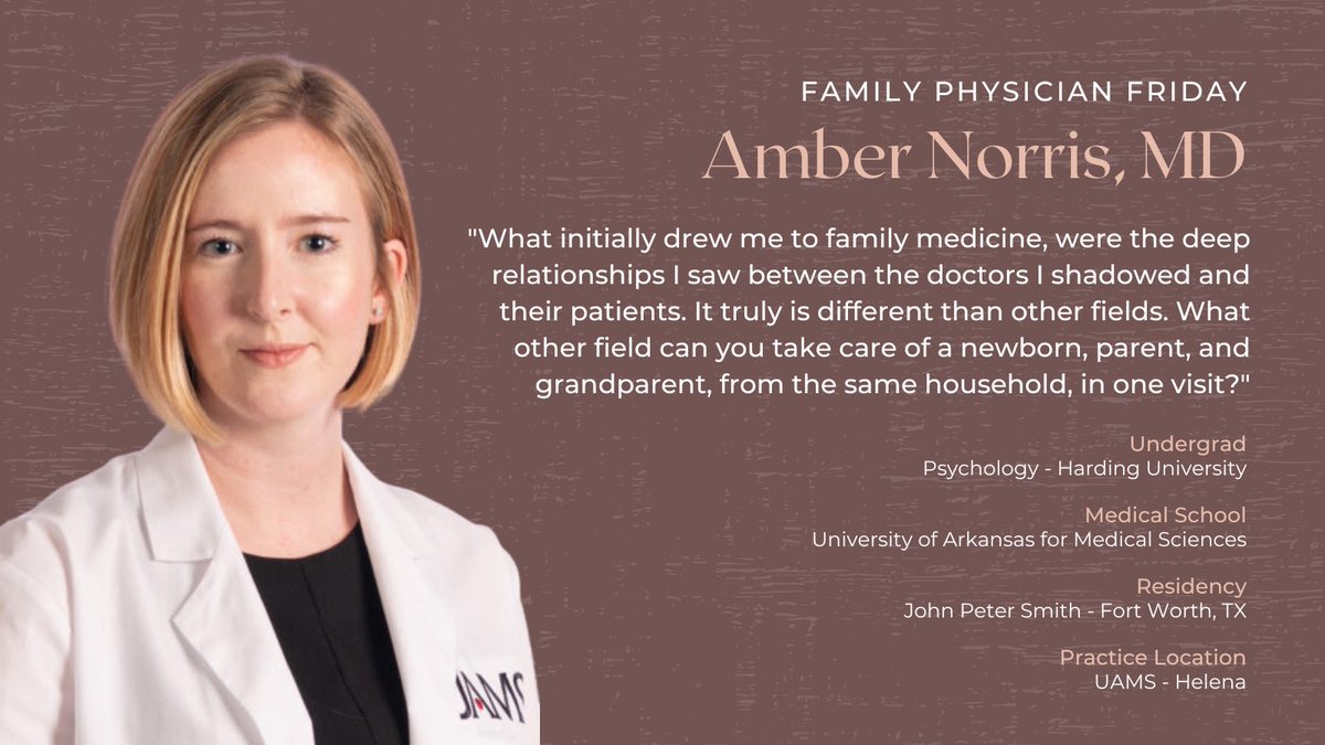 It’s #FamilyPhysicianFriday! Dr. Amber Norris is the faculty director for our M4 rotations. You’ll also see her precepting residents on Main Campus and treating patients at UAMS Regional Campus in Helena.
#familymedicine #womeninmedicine #uamshealth <a href="/UAMS_Campuses/">UAMS Regional Campuses</a>