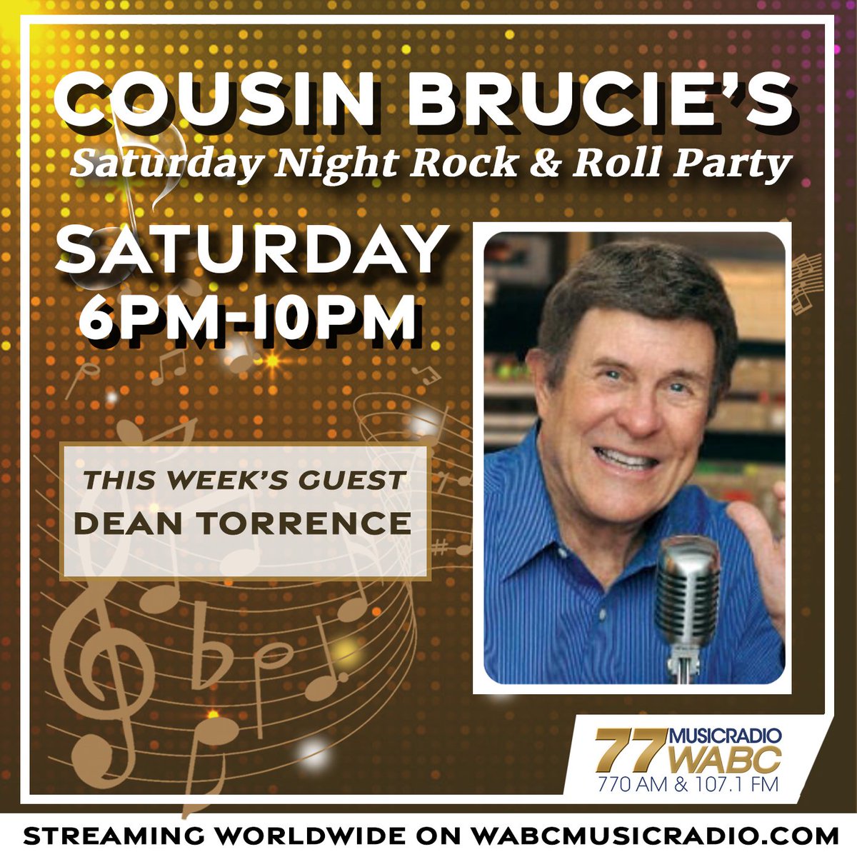 77WABCradio's tweet photo. Coming up at 6PM: Cousins… this Saturday night’s special guest is #DeanTorrence !
You won't want to miss this interview! Also, Cousin Brucie will play the hits of the 50s, 60s & 70s!
Listen on the 77 WABC app or on https://t.co/jeGP6MsT4J!
#77WABCRadio #MusicRadio77WABC https://t.co/ILWH5qdqgO