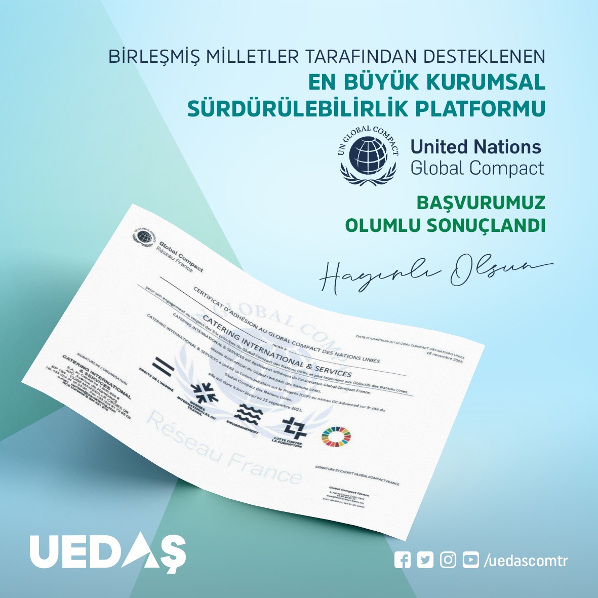 Sürdürülebilirlik Hedefimiz doğrultusunda Birleşmiş Milletler Küresel İlkeler Sözleşmesi'ni imzalayarak <a href="/globalcompact/">UN Global Compact</a> üyesi olduğumuzu iletmekten gurur duyarız.

Tüm enerjimizle gelecek için çalışmaya devam edeceğiz.