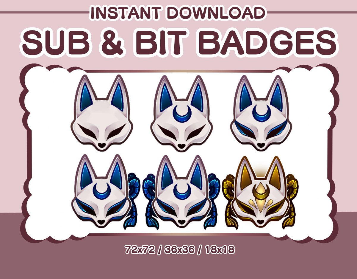 art_ioni's tweet photo. Kitsune Mask sub/bit badges avaliabe in 3 variants on my Etsy 
[https://t.co/T4QyZ2tGDP] 

#twitch #subbadges #bitbadges #kawaii #kawaiicat #neko #vtuber #cutestreamer #cat #emoteartist #twitchstreamer #emote https://t.co/2n7KgOSmmV