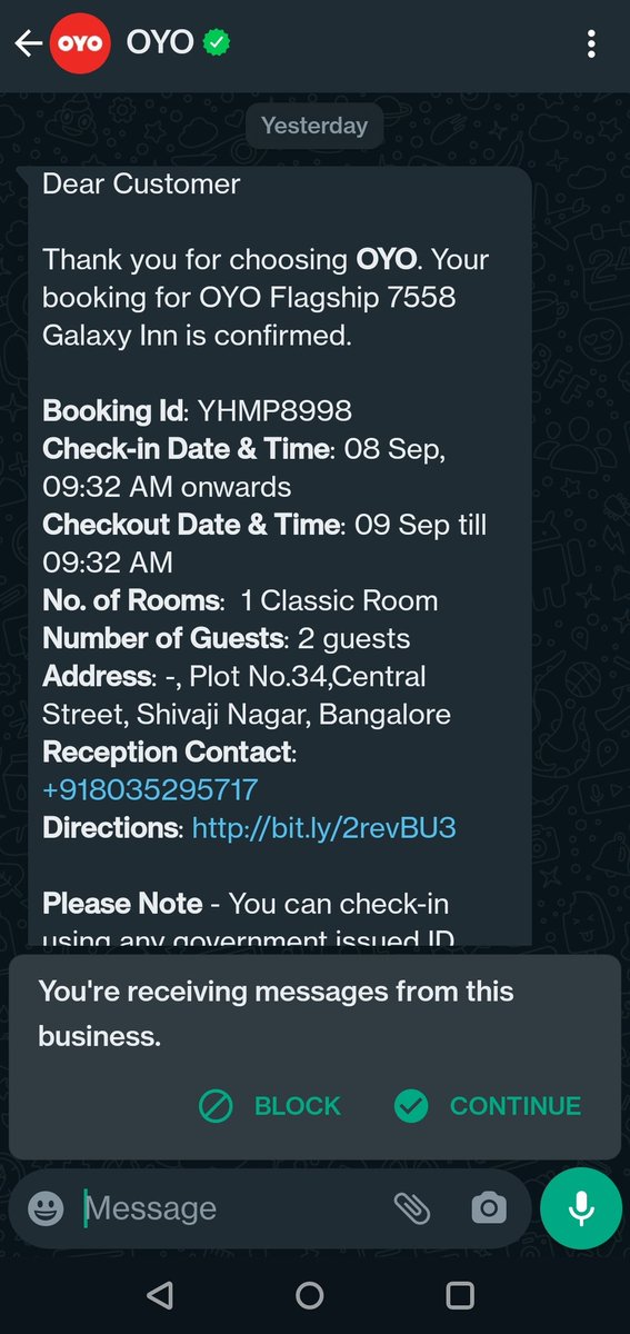 Monikins1's tweet photo. @oyorooms Oyo flagship 7558 Galaxy Inn on 8th September through the Oyo app (phone pe) and recieved confirmation for the same from the app and on WhatsApp. Only to find out later that the hotel wasn't associated with Oyo anymore and no refund or customer support. #oyoScam https://t.co/bCcbRa71cp