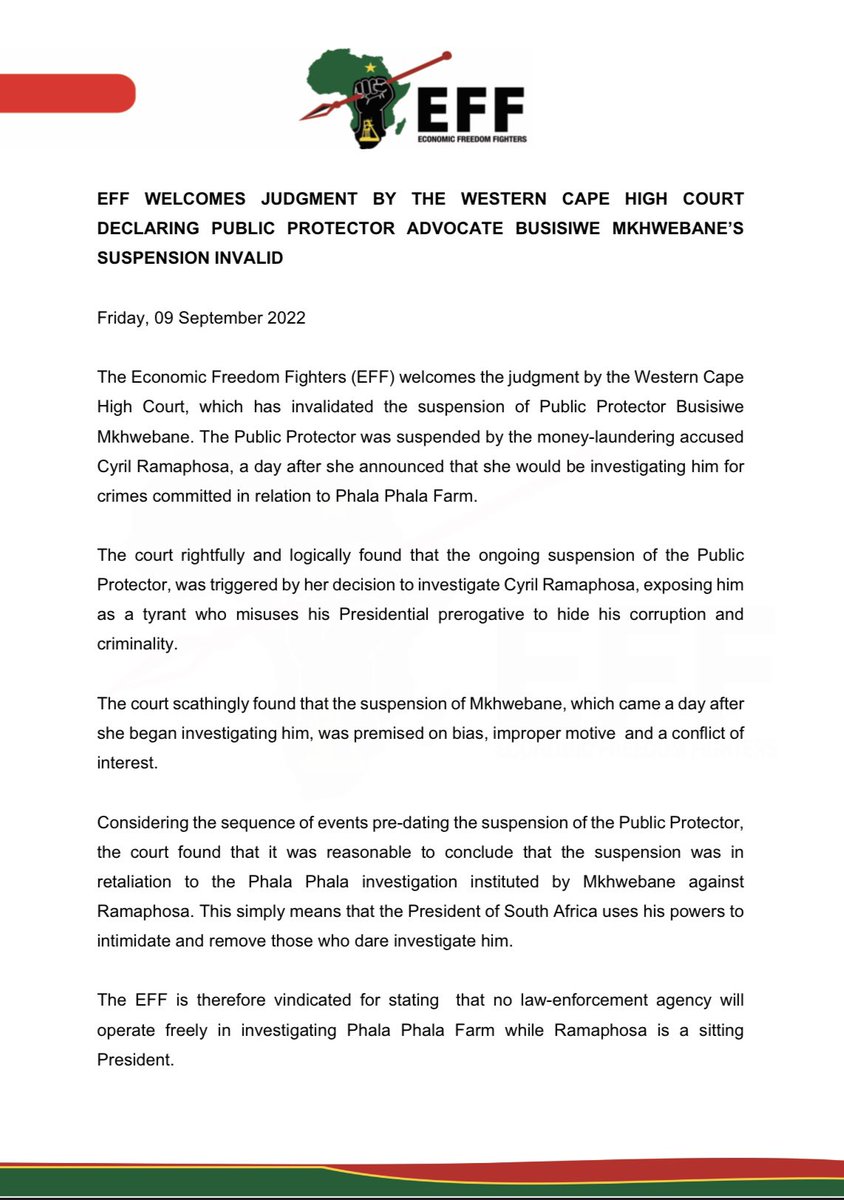 EFFSouthAfrica's tweet photo. EFF Welcomes Judgment By The Western Cape High Court Declaring Public Protector Advocate Busisiwe Mkhwebane’s Suspension Invalid https://t.co/RJRBLNpnXL