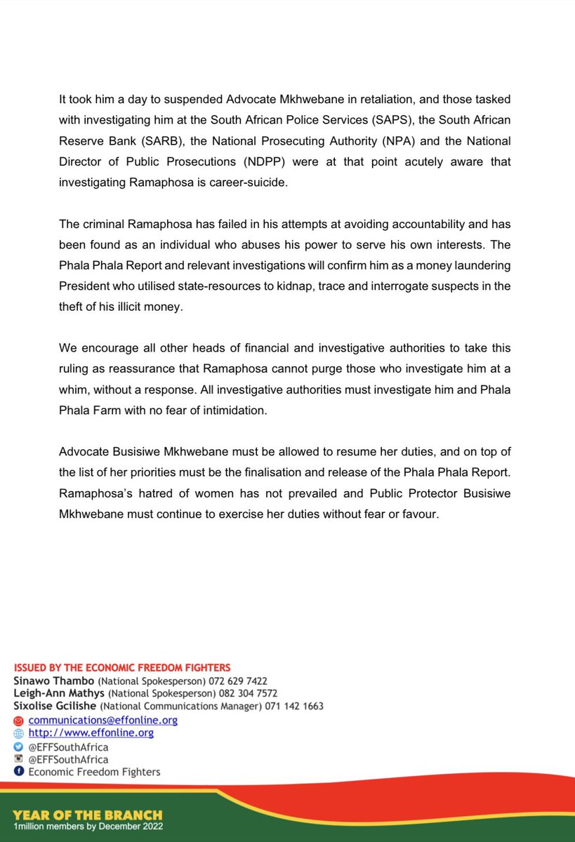 EFFSouthAfrica's tweet photo. EFF Welcomes Judgment By The Western Cape High Court Declaring Public Protector Advocate Busisiwe Mkhwebane’s Suspension Invalid https://t.co/RJRBLNpnXL
