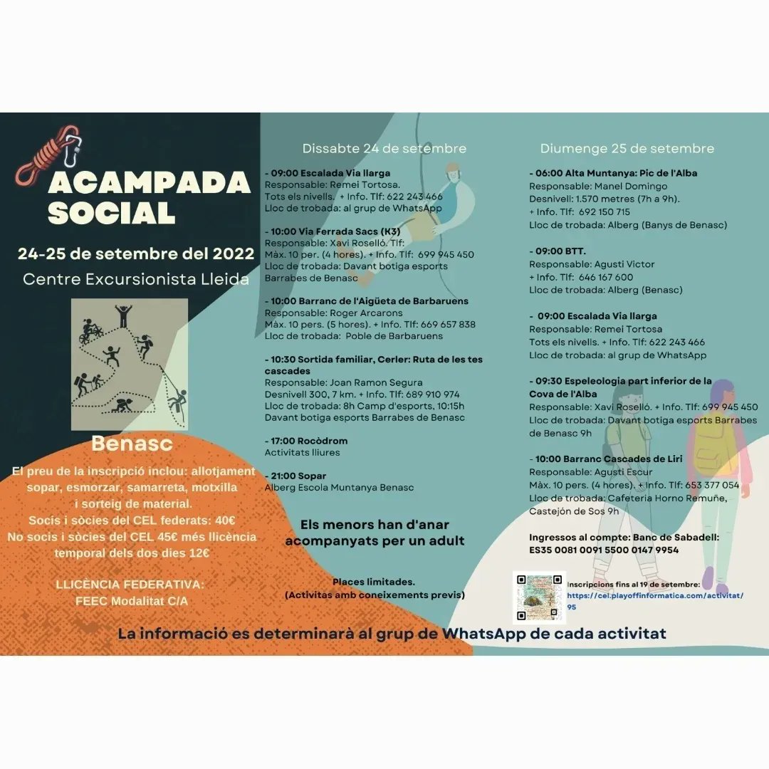 cel_lleida's tweet photo. 📢📢📢 Molt bones a tots/es ‼️
✅ 👉 Ja tenim a punt i organizada tota la cartellera activitats de la propera #acampadasocial a la vall de #benasc 🏕🤸♂️🧗♂️🚵♀️ #nothoperdis
🎯 Consulteu tota la info - Inscripcions al link de la biografía
#centreexcursionistadecatalunya #feec https://t.co/zRDsFRlKcK