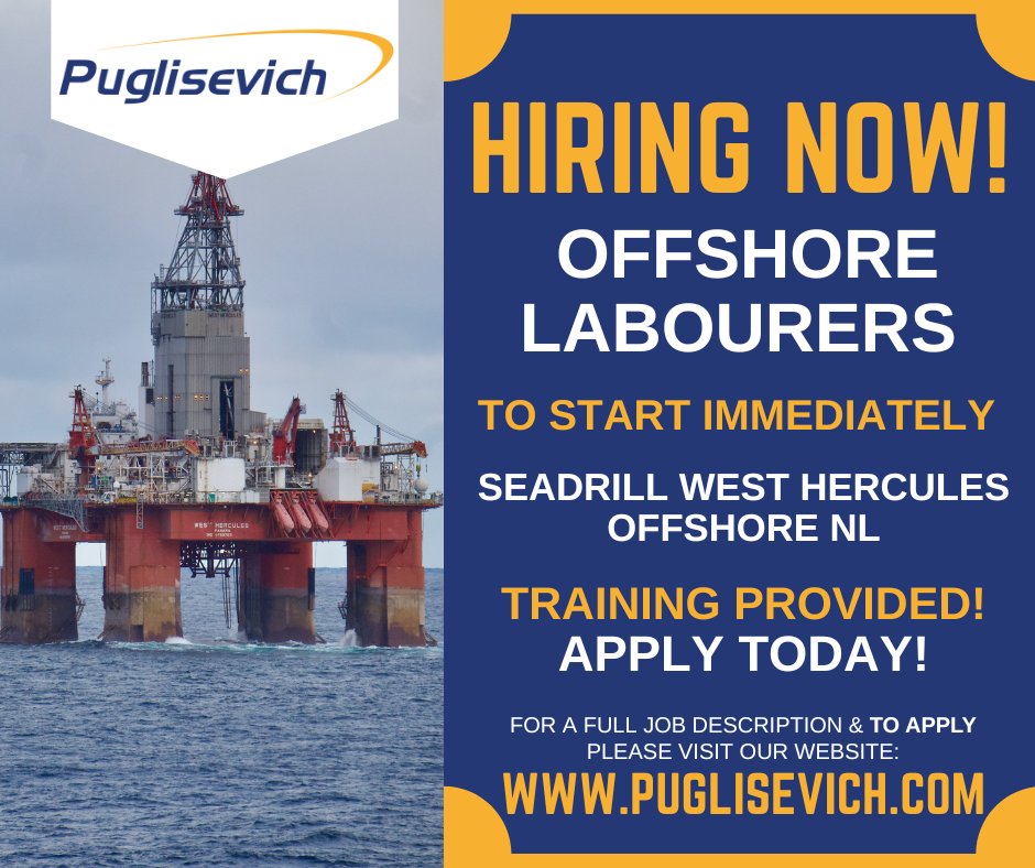 PCSLNL's tweet photo. Now Hiring
OFFSHORE LABOURERS
To apply please click and visit the link:
https://t.co/m036Sb9BYd
#puglisevich #offshore #newfoundlandoffshore #OffshoreLabourer #offshorejobs #oilgas #NLoilgas #oilgasjobs #Seadrill #Seadrillcareers #WestHercules #semisub #hiring https://t.co/9WjuJW77n4