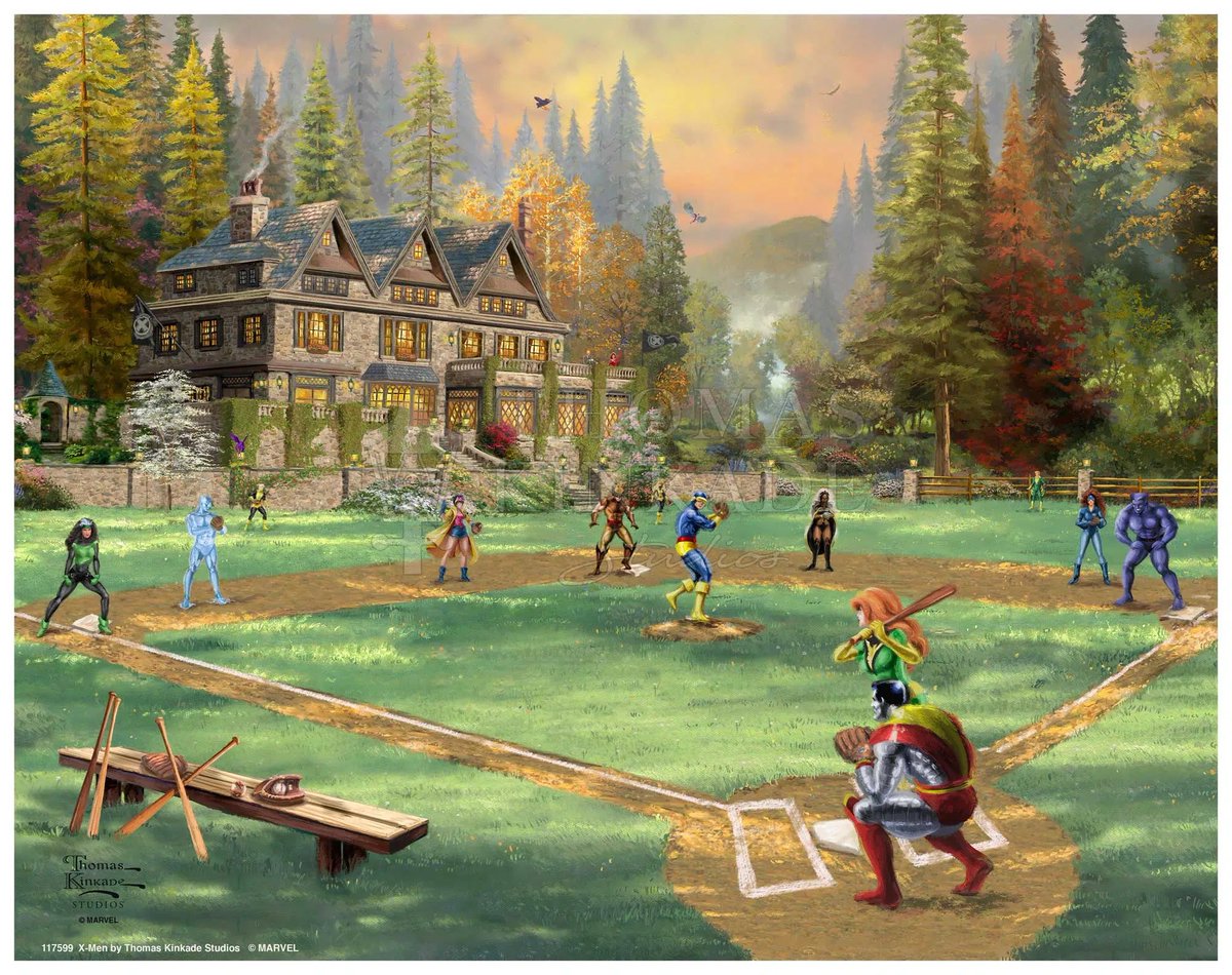 I just learned that this Thomas Kinkade rendering of the X-Men playing baseball at the mansion exists (and is on sale) and I don’t know how to process this information.
