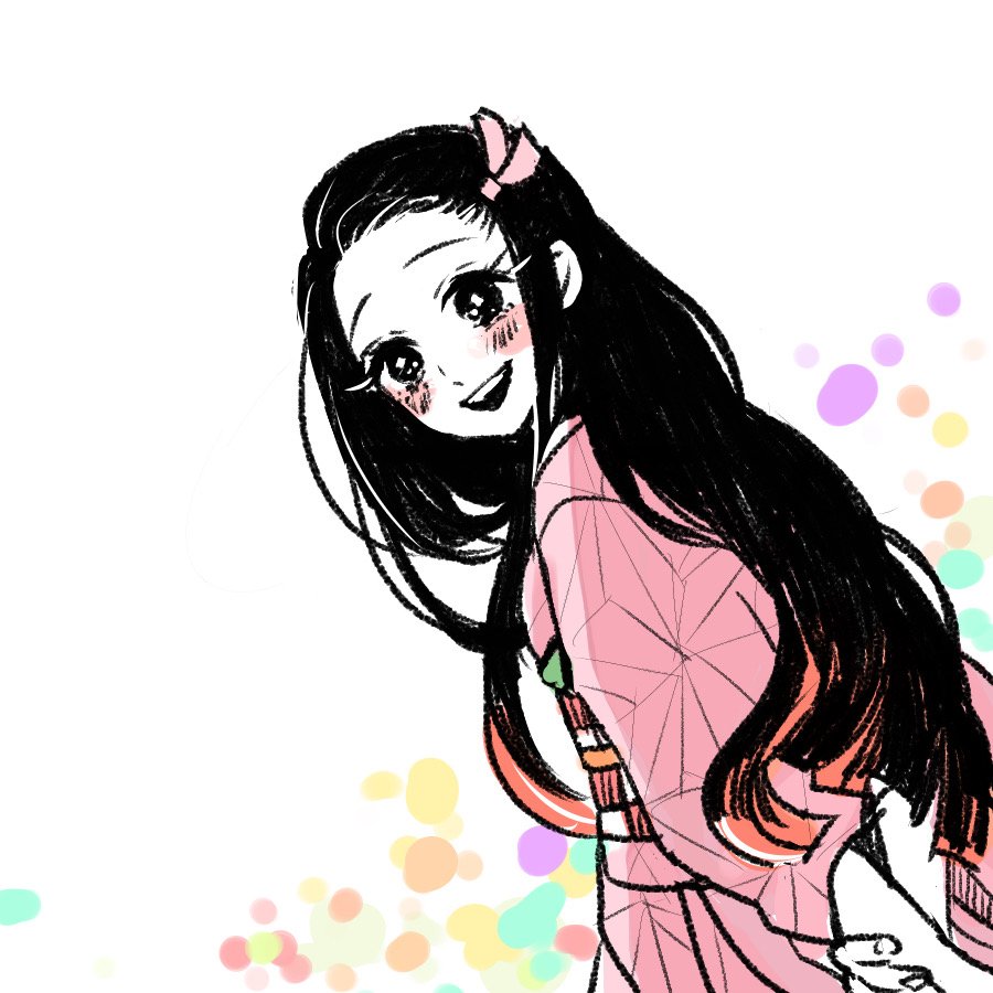 kamado nezuko 1girl long hair japanese clothes black hair kimono pink kimono solo  illustration images
