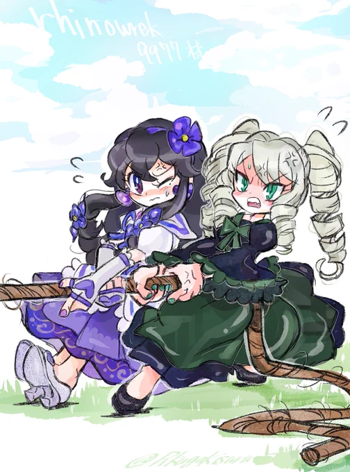 【skebリクエストありがとうございます】#skeb #illustration #commission #イラスト 【rhinowrek9977様】の【ネココワちゃん&amp;キツマイちゃん】の綱引きの絵を描かせて頂きました!。2人とも負けるな〜 