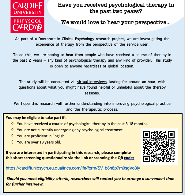 Have you had therapy in the past two years? We'd love to interview you about your experience. Click the link to take part in the study:
cardiffunipsych.eu.qualtrics.com/jfe/form/SV_b8…