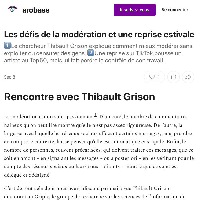 Quand la #modération des #réseauxsociaux rencontre la liberté d’expression et les droits de la propriété intellectuelle, c’est compliqué… Entretien de Thibaut Grison (<a href="/thibo_grison/">Thibault Grison 🏳️‍🌈</a>), chercheur au <a href="/Gripic_Celsa/">GRIPIC (Celsa – Sorbonne Université)</a>, au magazine <a href="/arobase_mag/">arobase</a> arobase.substack.com/p/les-defis-de… <a href="/CELSA_Officiel/">CELSA</a>