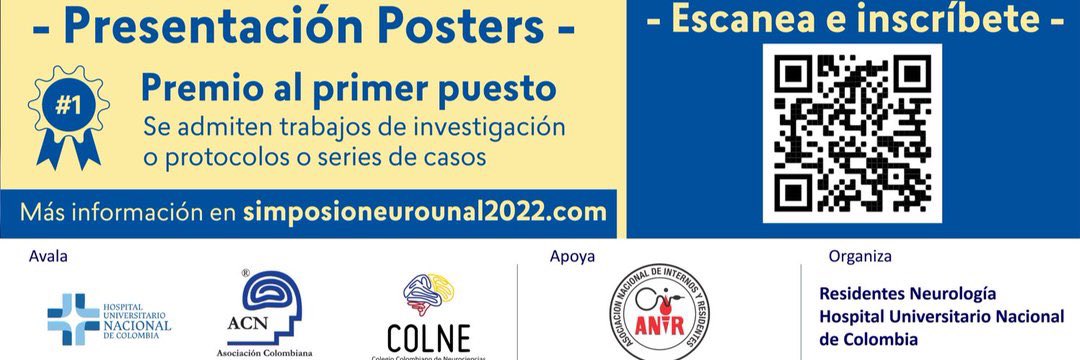Todos son bienvenidos al #SimposioNeurounal2022 
1/Oct/8h COT

Bloques
Neurovascular, cefalea, neuromuscular, epilepsia, movimientos, neurocognitivo, neuroinmunología, sueño, autonómico, neuroftalmología, neurocrítico

Inscríbete-postúlate: 
link simposioneurounal2022.com QR #MedEd