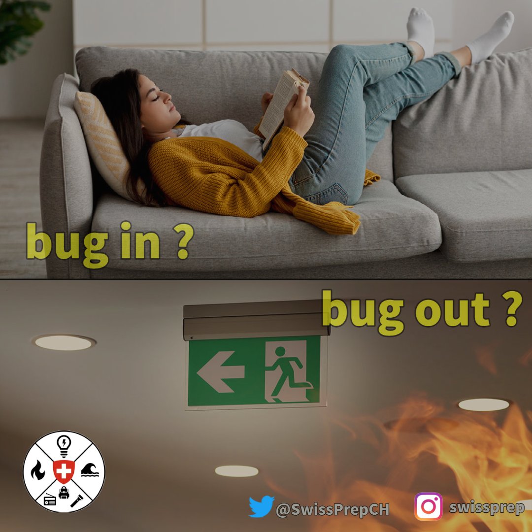 SwissPrepCH's tweet photo. Deckt man diese beiden Optionen ab, ist man fรผr die meisten #Krisen gut vorbereitet.
Option 1: Zu Hause bleiben (#bugin)
Option 2: Evakuieren/Flรผchten (#bugout).
Die Vorwarn- und Reaktionszeiten kรถnnen fรผr beide Optionen sehr unterschiedlich sein. (4/12) https://t.co/6snIZWFLsq