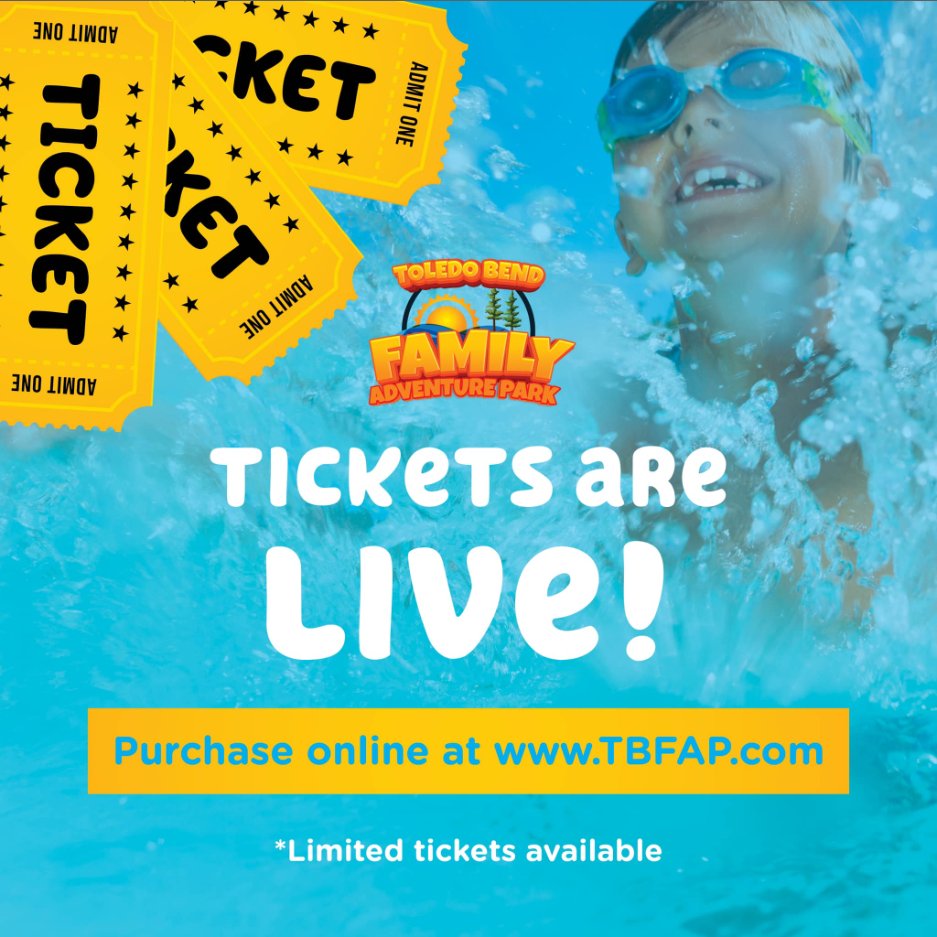 🎟 General admission tickets are ON SALE NOW! 🎟 
We have a *limited* number of tickets available each day, purchase yours NOW! 
Join us WEEKENDS in September to create new memories with your fam at Toledo Bend Family Adventure Park! 🤩TBFAP.com. 💻
