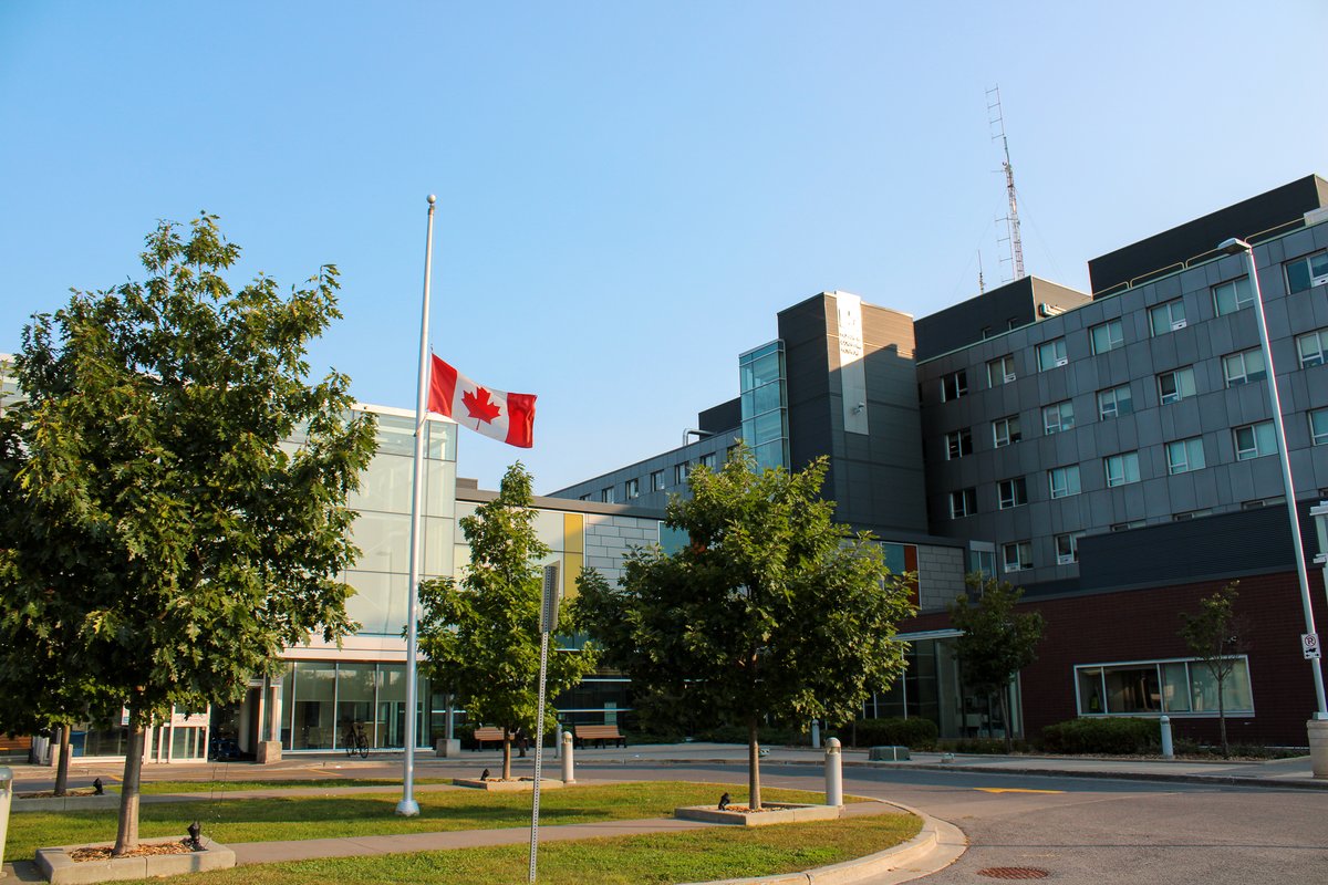 CCHCornwall's tweet photo. The Canadian flag at Cornwall Community Hospital has been lowered at half-mast in memory of Her Majesty Queen Elizabeth II. It will remain at half-mast until the day of her state funeral. https://t.co/ViLw0gIBnS