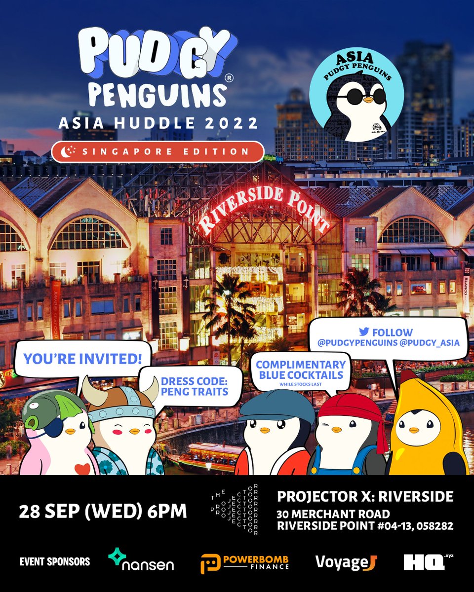 Excited for the <a href="/pudgypenguins/">Pudgy Penguins</a> Asia Huddle happening on the 28th Sept! 

If you're a Pudgy Penguin holder and will be in Singapore then, what are you waiting for? Sign up NOW! 

Shoutout to the amazing sponsors <a href="/nansen_ai/">Nansen 🧭</a> @powerbombfi @voyage_finance <a href="/HQ_xyz/">Gnosis HQ</a> 

#AsiaHuddleSG