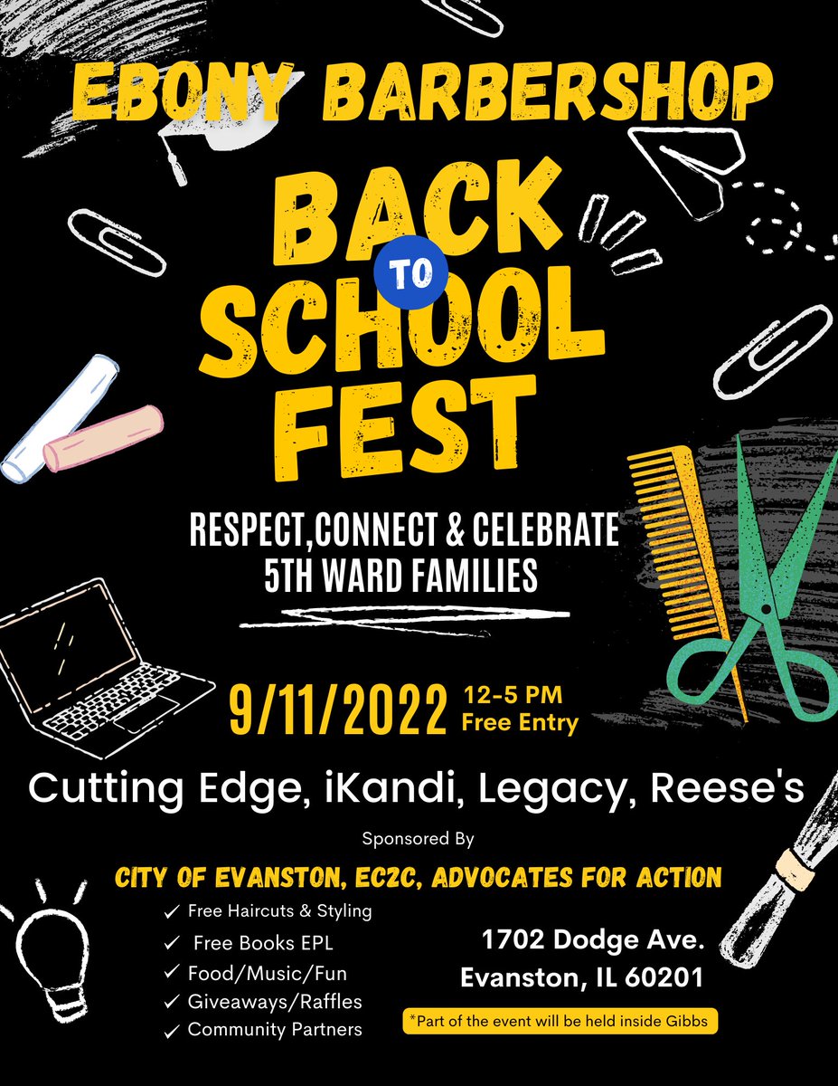 Come join us this weekend at Ebony Barbershop Back to School Fest, and enjoy  food, music, raffles and FREE Haircuts this Sunday, September 11th, 12pm-5pm!