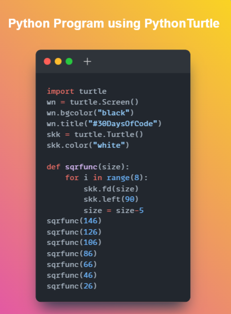 ceoasmi's tweet photo. Day 23/30
Hello Everyone! It's my #Day23 of the challenge #30Daysofcode  with @scaler_official

Problem Statement - 'PythonTurtle' 
Partner - @DMKrishnaA

Join Scaler Discord Community: https://t.co/iR69uqWvts

#day23 #scalerdiscord #progress https://t.co/uW4AECjtMp
