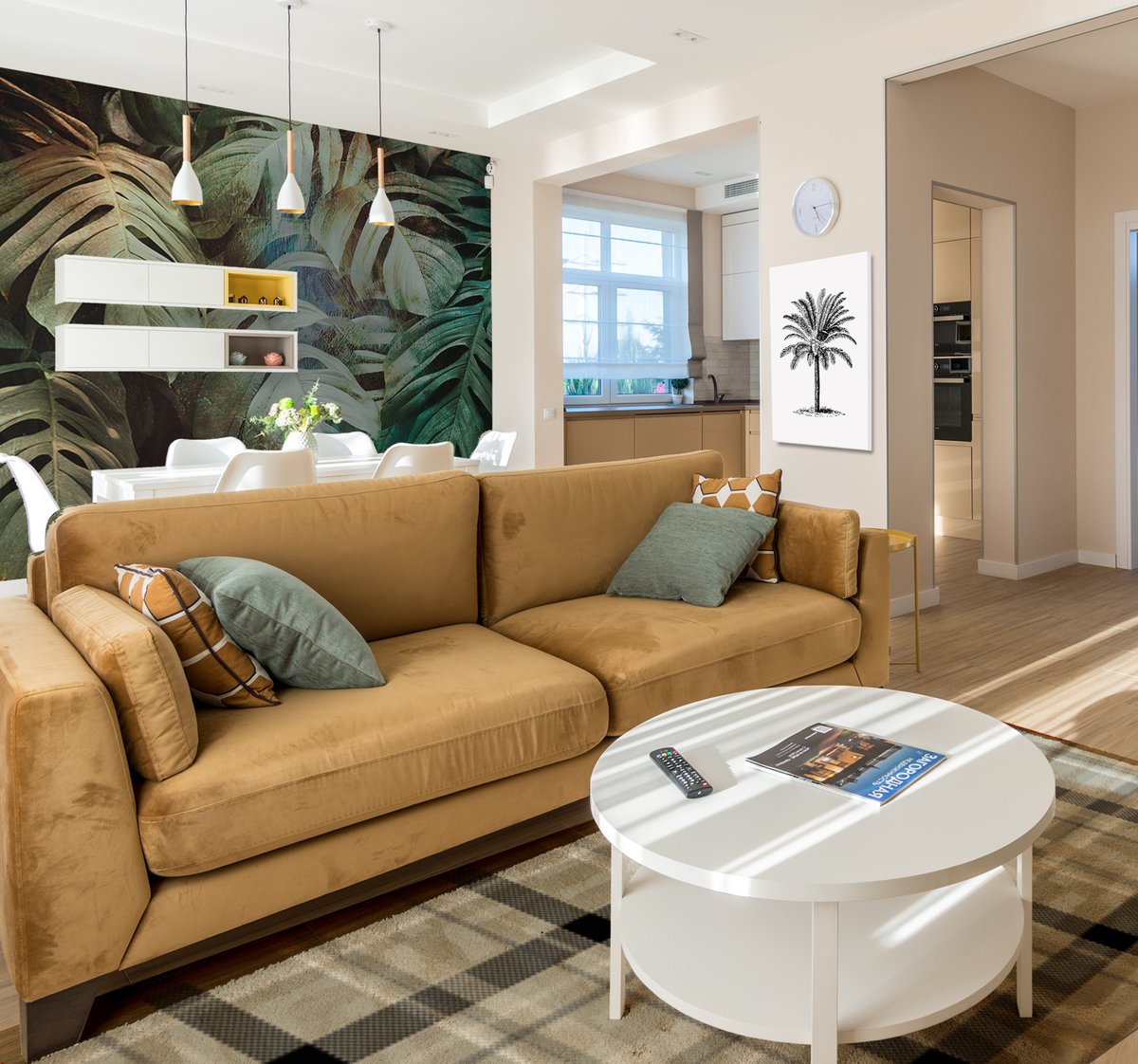 Give your living room a trendy exotic touch, get great results with less effort! 😎 
Discover all our products!🌴🤎 

Rug - bit.ly/3RfnjEj 
Photomural - bit.ly/3Rz53FI 
Canvas - bit.ly/3TEJuW5 

#tenstickers #tartanvinylrug #tropicalwallmural #palmtree