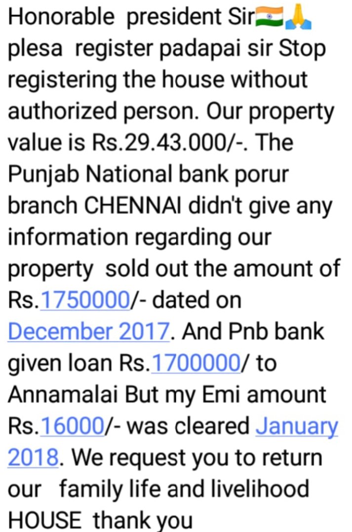 GVelugurusamy's tweet photo. @VPSecretariat @PMOIndia @HMOIndia @rajnathsingh @FinMinIndia @nsitharamanoffc @rajbhavan_tn @pnbindia @MyGovTamilNadu #CEOpnb @rajbhavan_tn please sir save our family life and livelihood House return 🙏🇮🇳🙏 https://t.co/yMRrzdD5CH