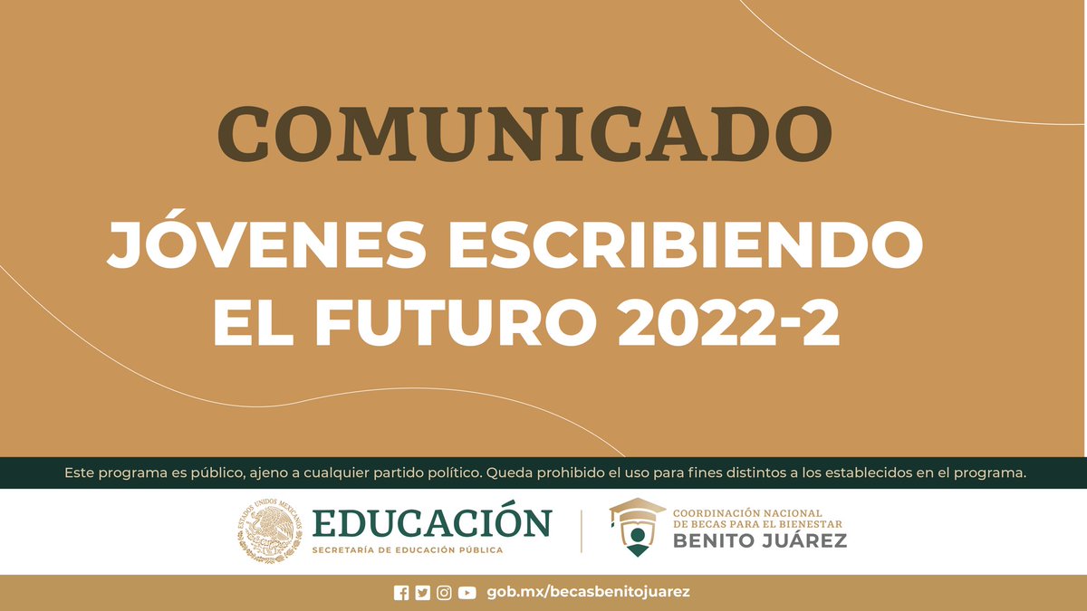 COMUNICADO

Beca para el Bienestar Benito Juárez de Educación Superior #JóvenesEscribiendoElFuturo 2022-2

👉 bit.ly/ComunicadoJEF2…