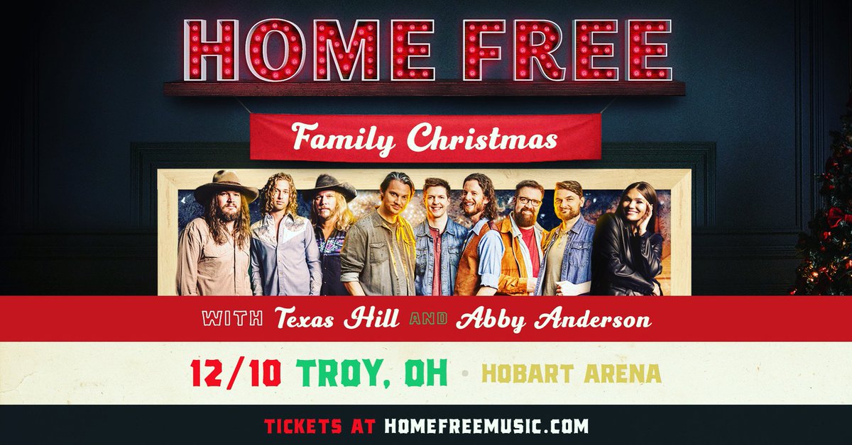 Concert Announcement: <a href="/HomeFreeGuys/">Home Free</a> Family Christmas Tour with <a href="/texashill/">TEXAS HILL</a> and <a href="/abbya_music/">Abby Anderson</a> 
Saturday, December 10th, 2022 at 8:00pm
Tickets on sale Friday, September 16th at 10:00am
Purchase tickets at hobartarena.com
