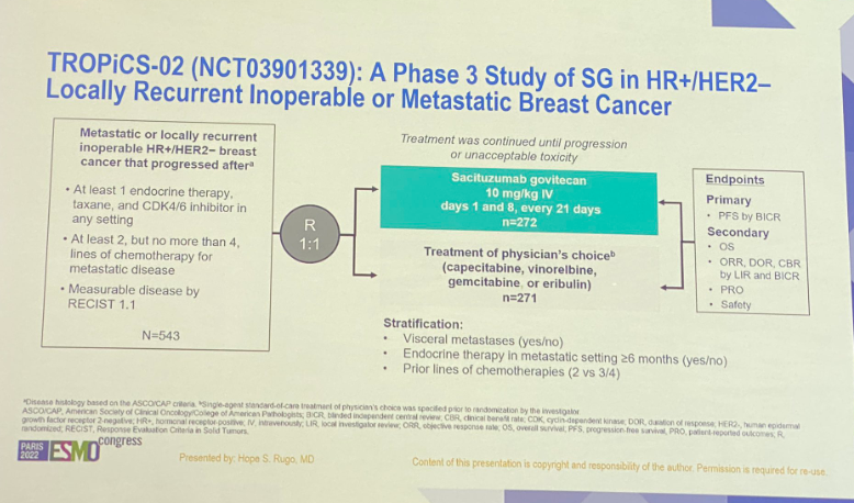 OncBrothers's tweet image. 2. #TROPICS2 OS Update, Ph3, N=543, HR+ve mBC, #Sacituzumab vs TPC by @hoperugo in heavily treated patient population
 
- Improved mOS: 14.4mos vs 11.2mos (HR: 0.79) 

- Prolonged mDOR

- No new safety signal

3/6
