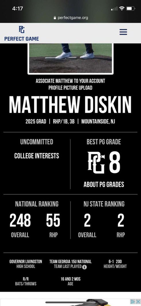 Governor Livingston Baseball (@glhighlanderbb) on Twitter photo Congrats to our very own Matt Diskin on being ranked 2nd in the state and 248th nationally by Perfect Game. <a href="/chrisroof24/">Chris Roof</a> <a href="/PerfectGameUSA/">Perfect Game USA</a> Congrats to our very own Matt Diskin on being ranked 2nd in the state and 248th nationally by Perfect Game. <a href="/chrisroof24/">Chris Roof</a> <a href="/PerfectGameUSA/">Perfect Game USA</a>