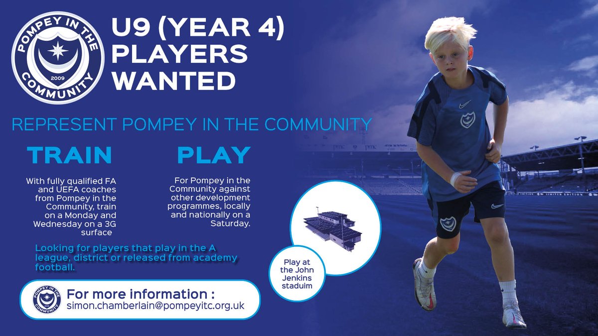PompeyITC's tweet photo. 🚨 𝗣𝗹𝗮𝘆𝗲𝗿𝘀 𝗪𝗮𝗻𝘁𝗲𝗱 🚨

We are currently recruiting U9, U11 and U14players for our boys development squad ⚽️

💻 Email: simon.chamberlain@pompeyitc.org.uk https://t.co/ZsJbvS2iYy
